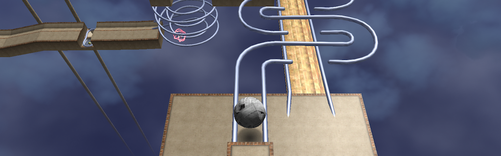 Paper ball rolling on slaloming rails beneath a brick and wood platform in the sky