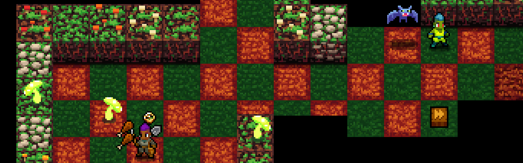 Pixelated, grid-based lush cave with a player character and some enemies, with a disco floor