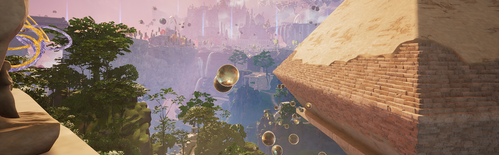 View overlooking a rainforest, a huge floating double pyramid, and several floating islands in the distance