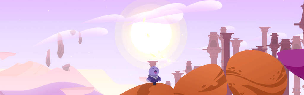 Purple desert against a pink sky in a 2D flat-color style, with a humanlike purple player character singing in the foreground