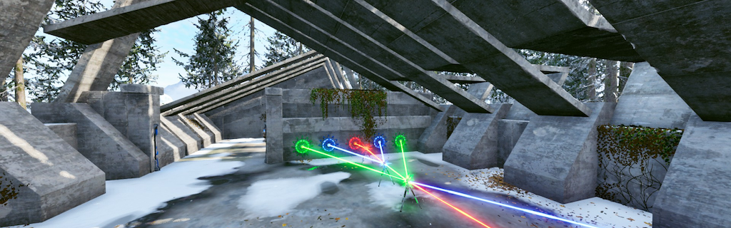Laser puzzle in an evergreen snow forest, with a complex pattern of red, blue, and green lasers